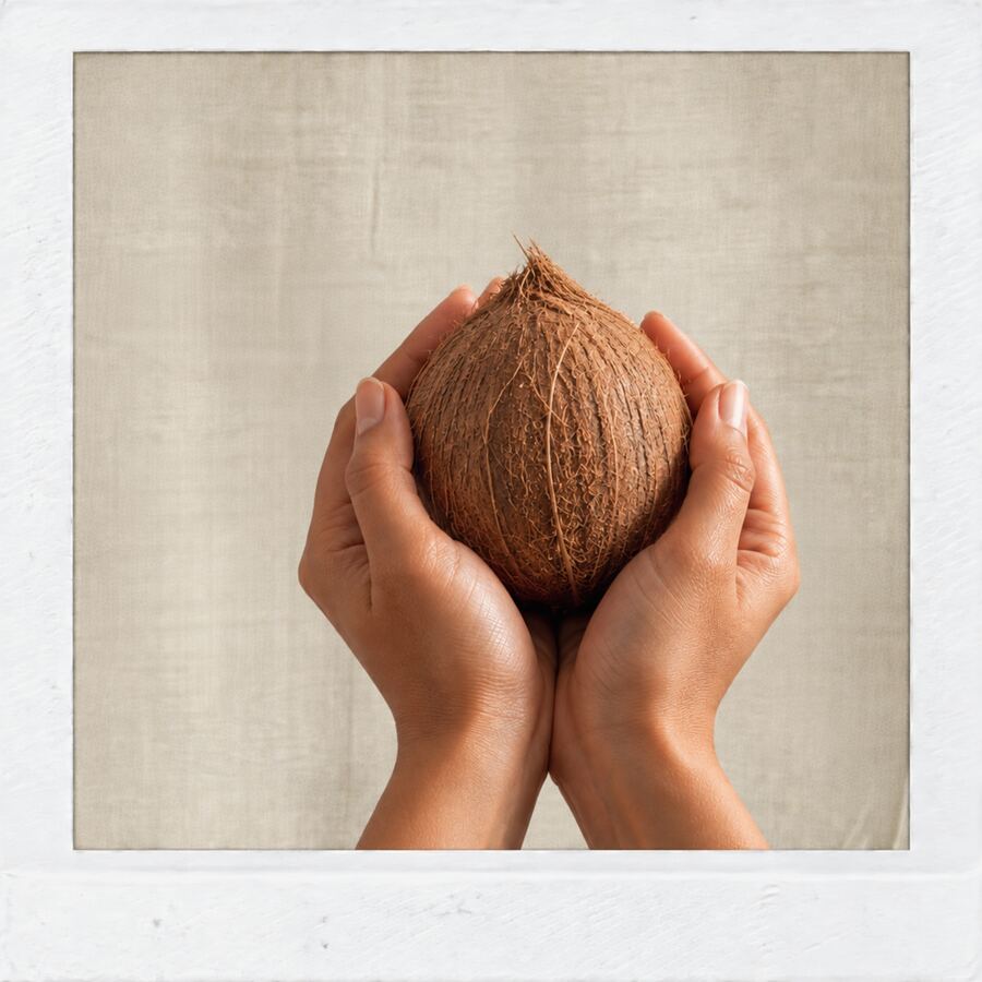 Two hands cupping a whole coconut
