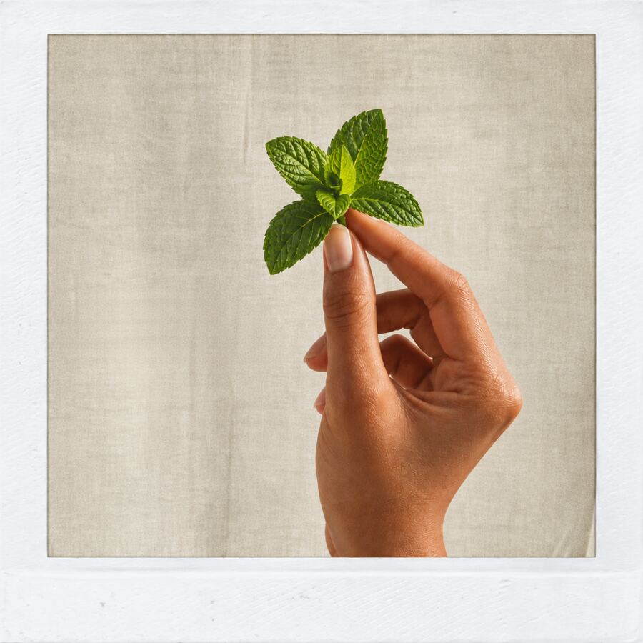 A sprig of fresh peppermint held between two fingers