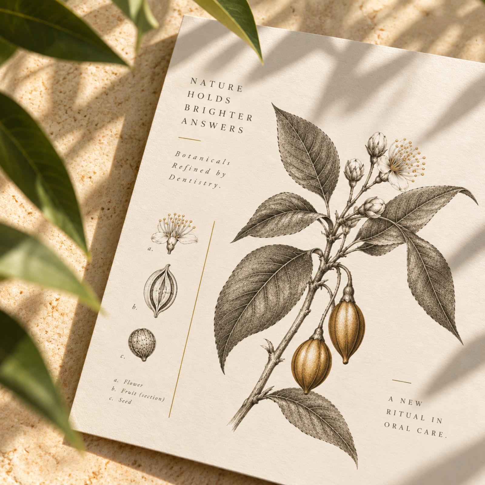 Illustrated card reading Nature holds brighter answers, botanicals refined by dentistry