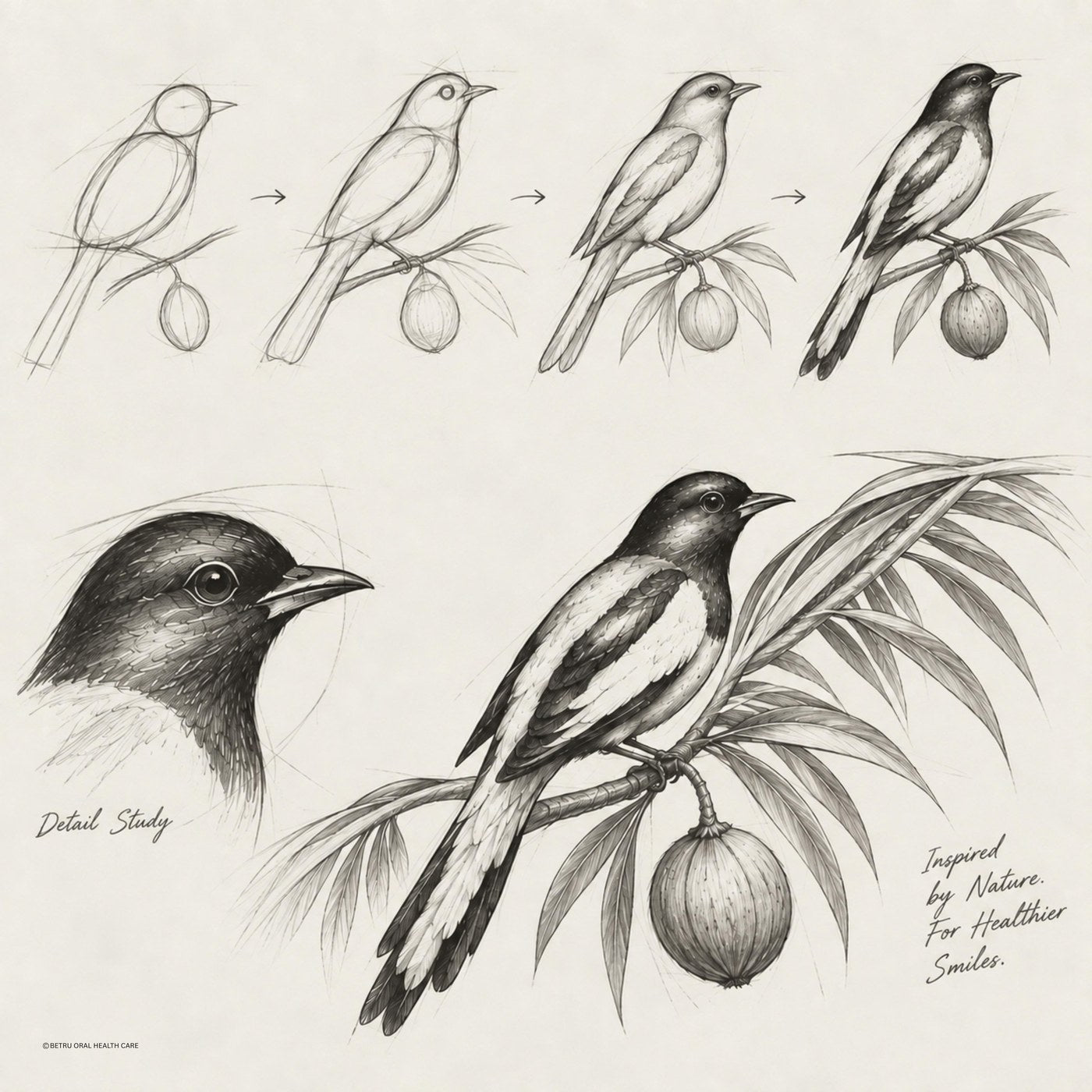 A pencil detail study of the Betru Dentist Bird, from basic shapes to a fully rendered illustration
