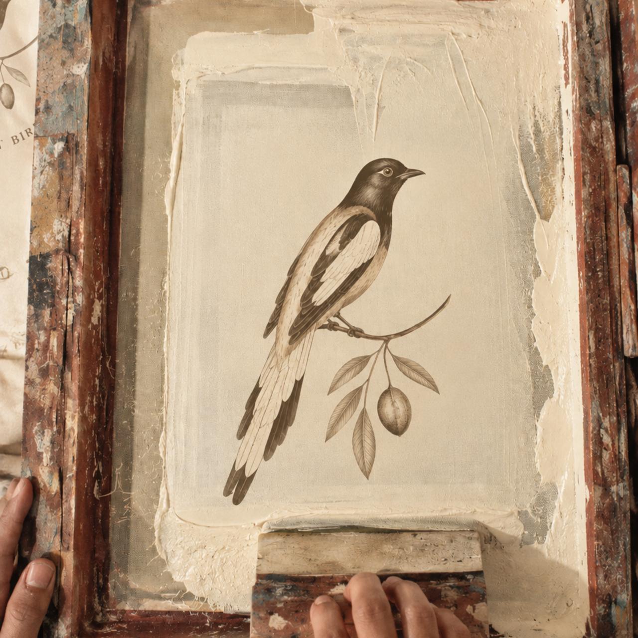 A craftsperson hand screen-printing the Betru Dentist Bird illustration onto fabric within a wooden frame