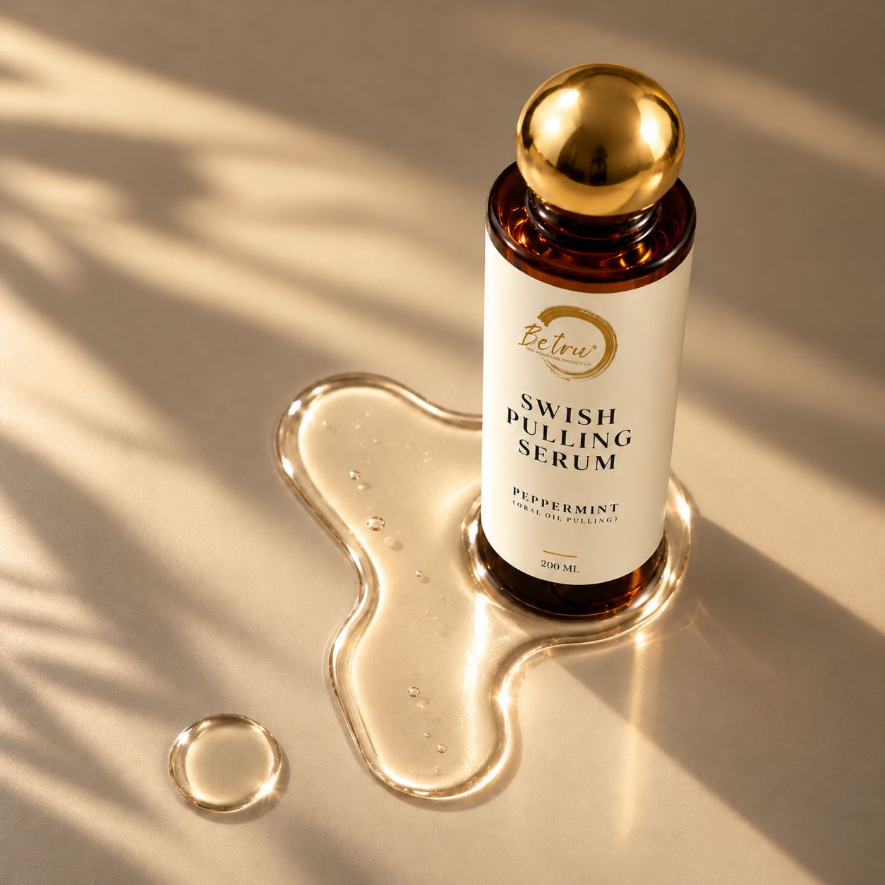 A bottle of Betru Swish Pulling Serum standing beside a pool of golden oil on sunlit stone