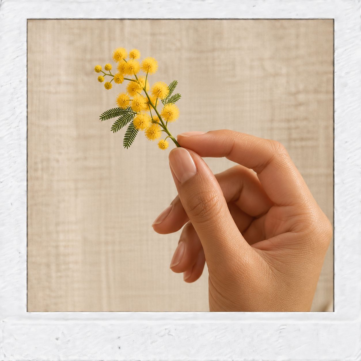 A sprig of yellow mimosa blossom held between two fingers