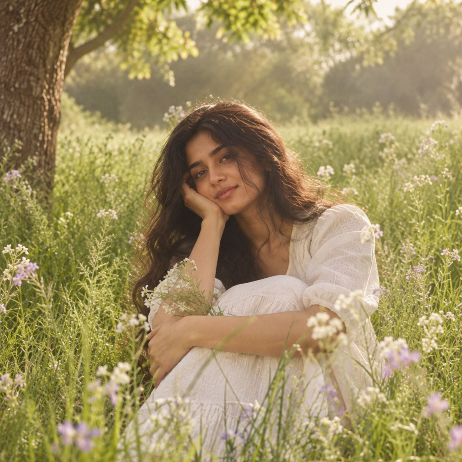 A woman resting against a tree in a sunlit wildflower field
