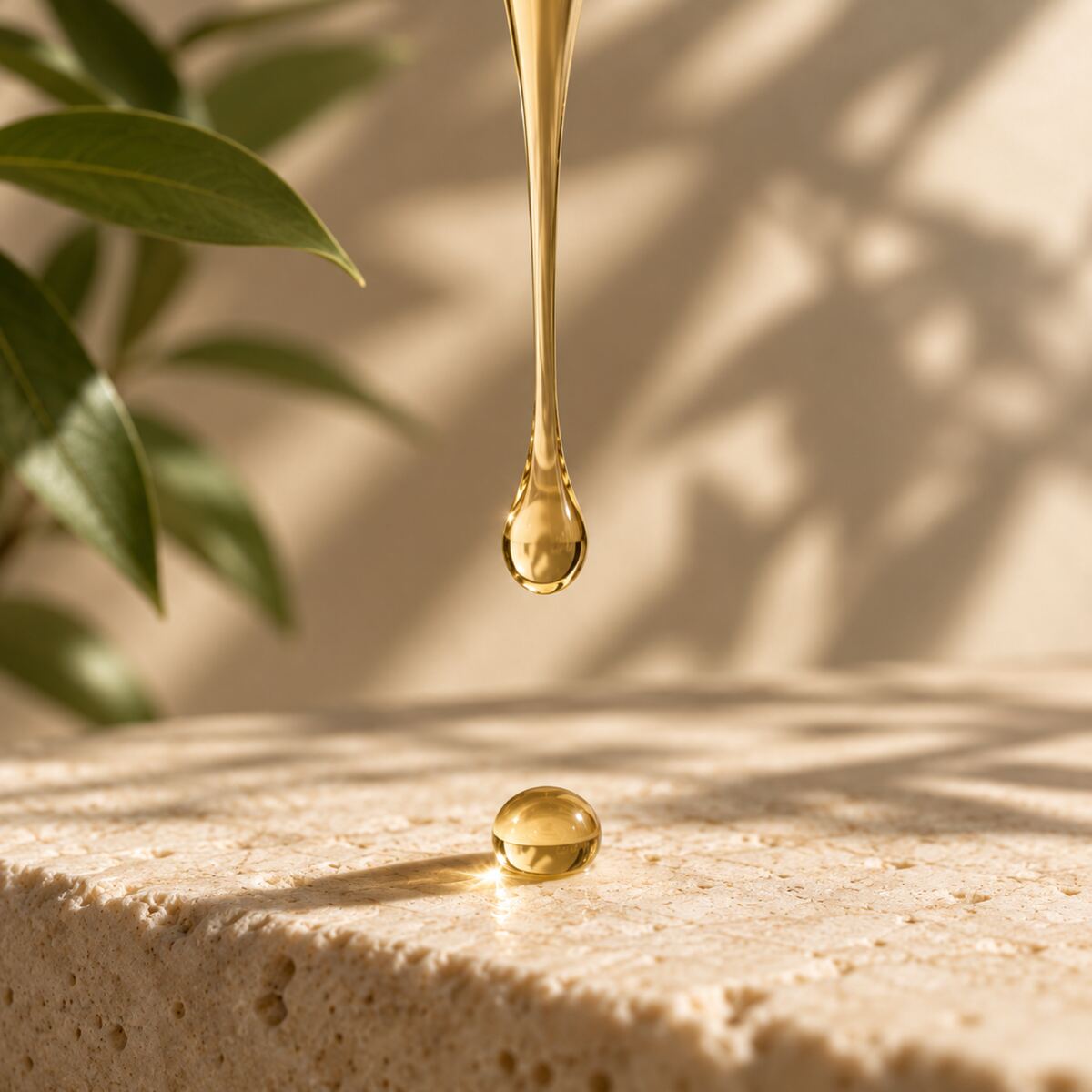 A single drop of golden oil falling onto pale stone beside olive leaves