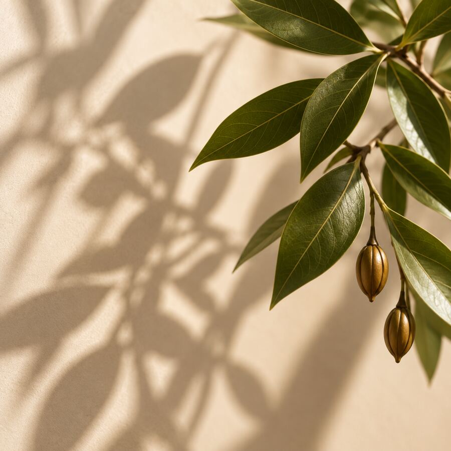 A close-up of olive branch leaves against a cream wall