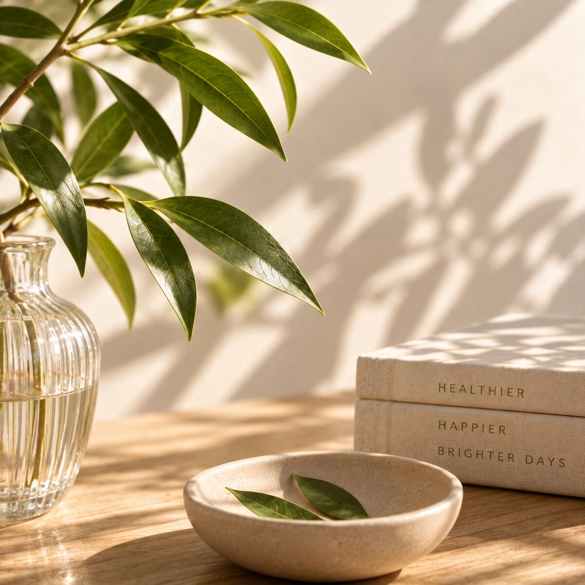 A card reading Healthier, happier, brighter days, resting beside stacked books and an olive branch