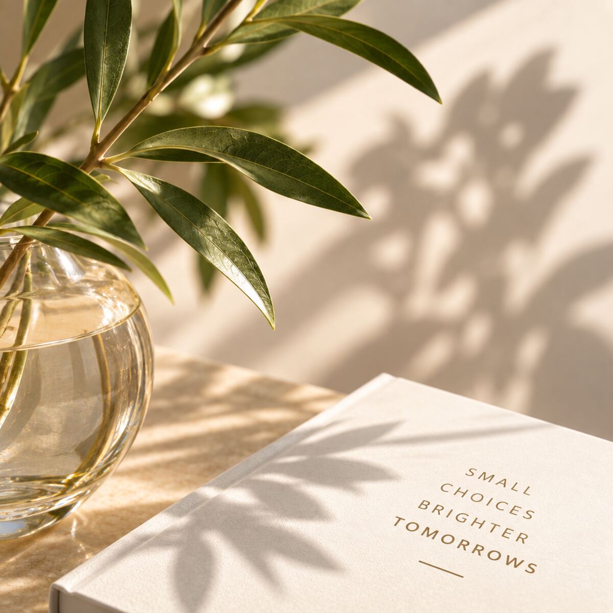 A card reading Small choices, brighter tomorrows, beside a glass vase of olive branches